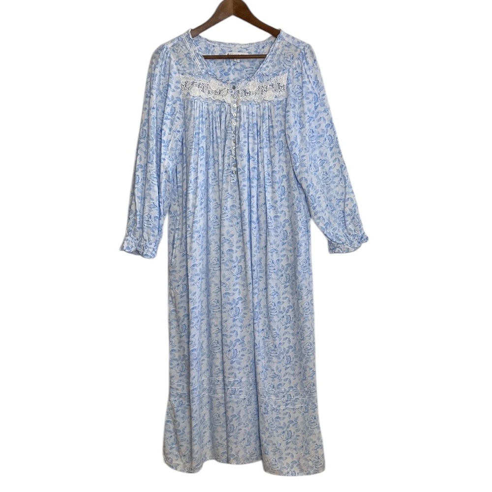 Eileen West Nightgown Womens Small Blue White Floral Long Sleeve Maxi Pockets